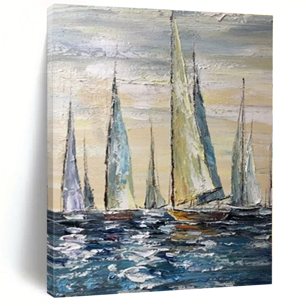 Blue, White, Beige with Sailboats "Sailboat Serenade" Impressionist Painting On Canvas PS1302