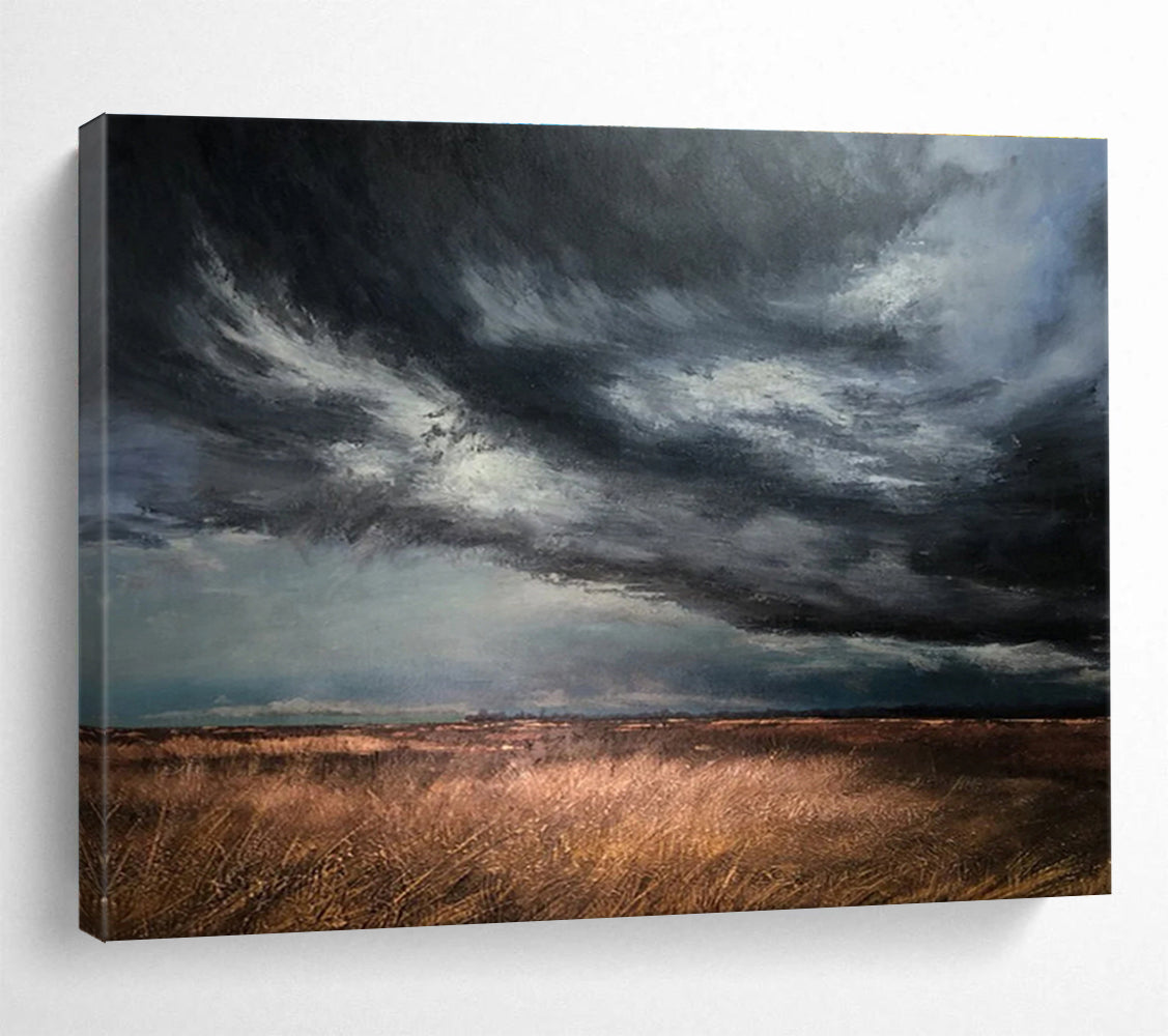 “Stormy Field Sky” - Gray, Brown & Gold Landscape, Realist Oil Painting On Canvas DKS772