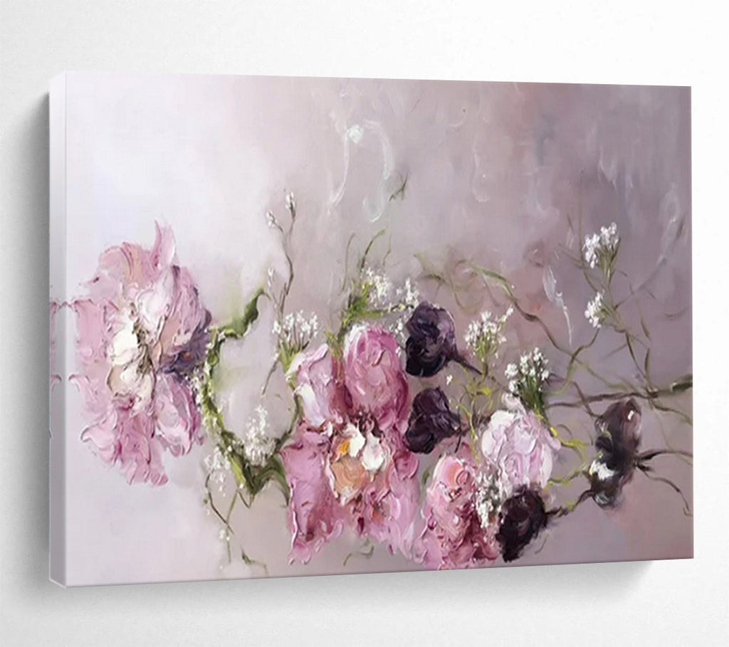 “Pink Flowers with Baby’s Breath” - Romantic Floral - Painting On Canvas PT1762