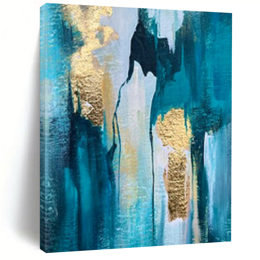 Teal, Blue, and Gold Textured, "Gilded Cascade" – Textured Abstract Painting On Canvas PS1007