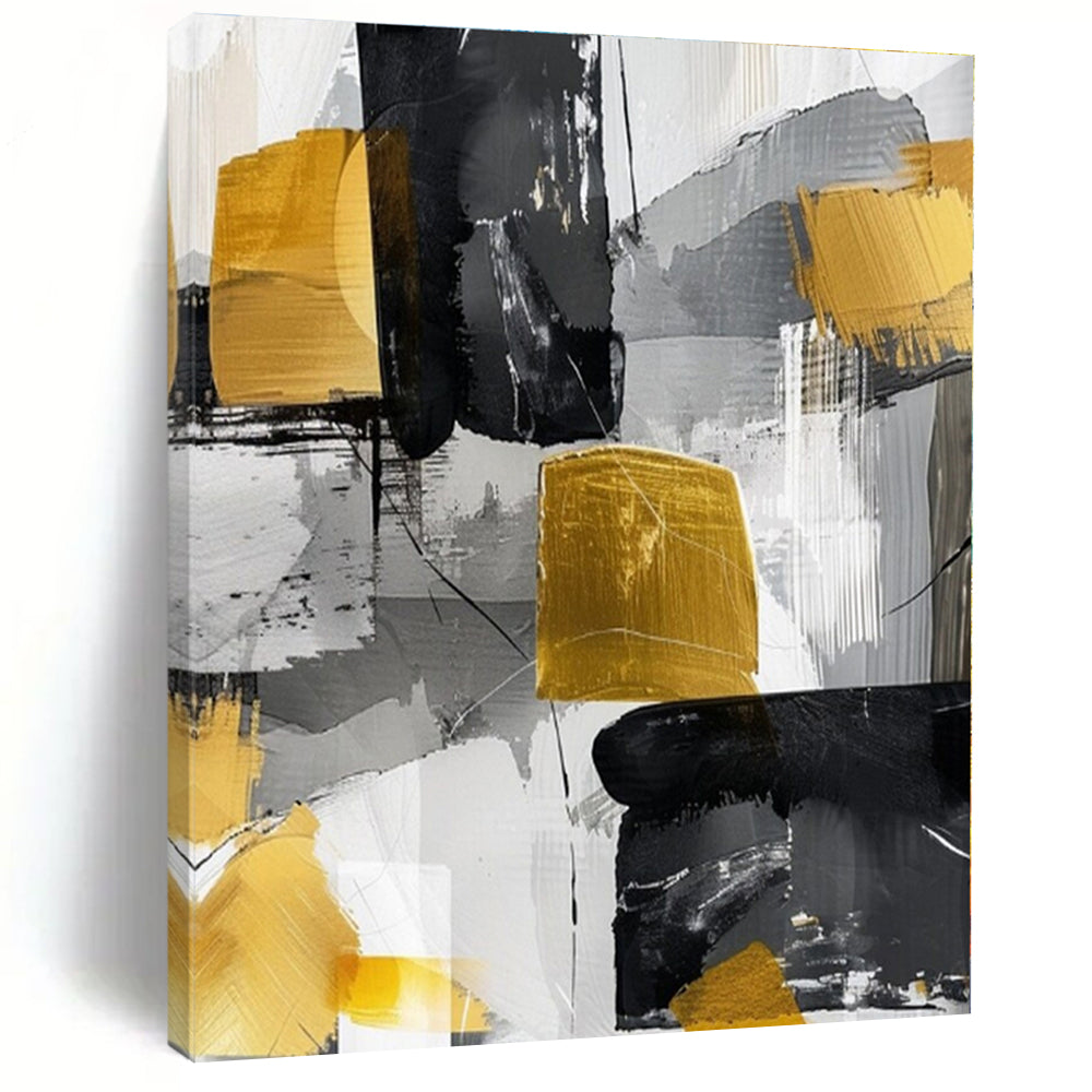 Gray, Gold, Black with Abstract Blocks "Gilded Geometry" Abstract Painting On Canvas PS1279
