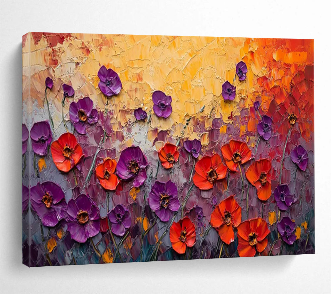 “Purple and Red Poppies on Textured Field” - Impasto Floral - Painting On Canvas PT1765