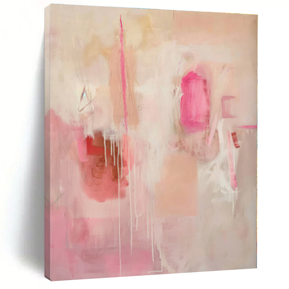 “Pink - Beige Abstract Drips” - Pink, Beige Abstract Expressionist Painting On Canvas PS0440