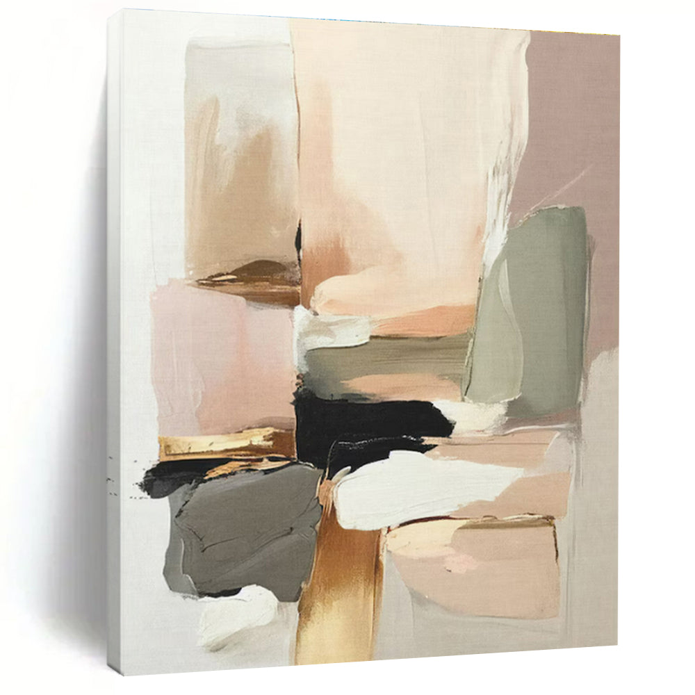 “Blush - Gold Abstract Blocks” - Blush, Gold, Neutral Tones Abstract Geometric Painting On Canvas PS0738