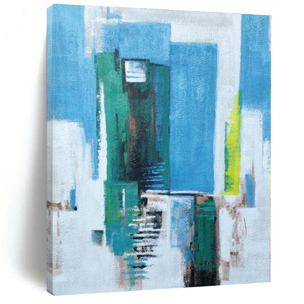 “Blue - Green Urban Abstraction” - Blue, Green, White Abstract Painting On Canvas PS0465