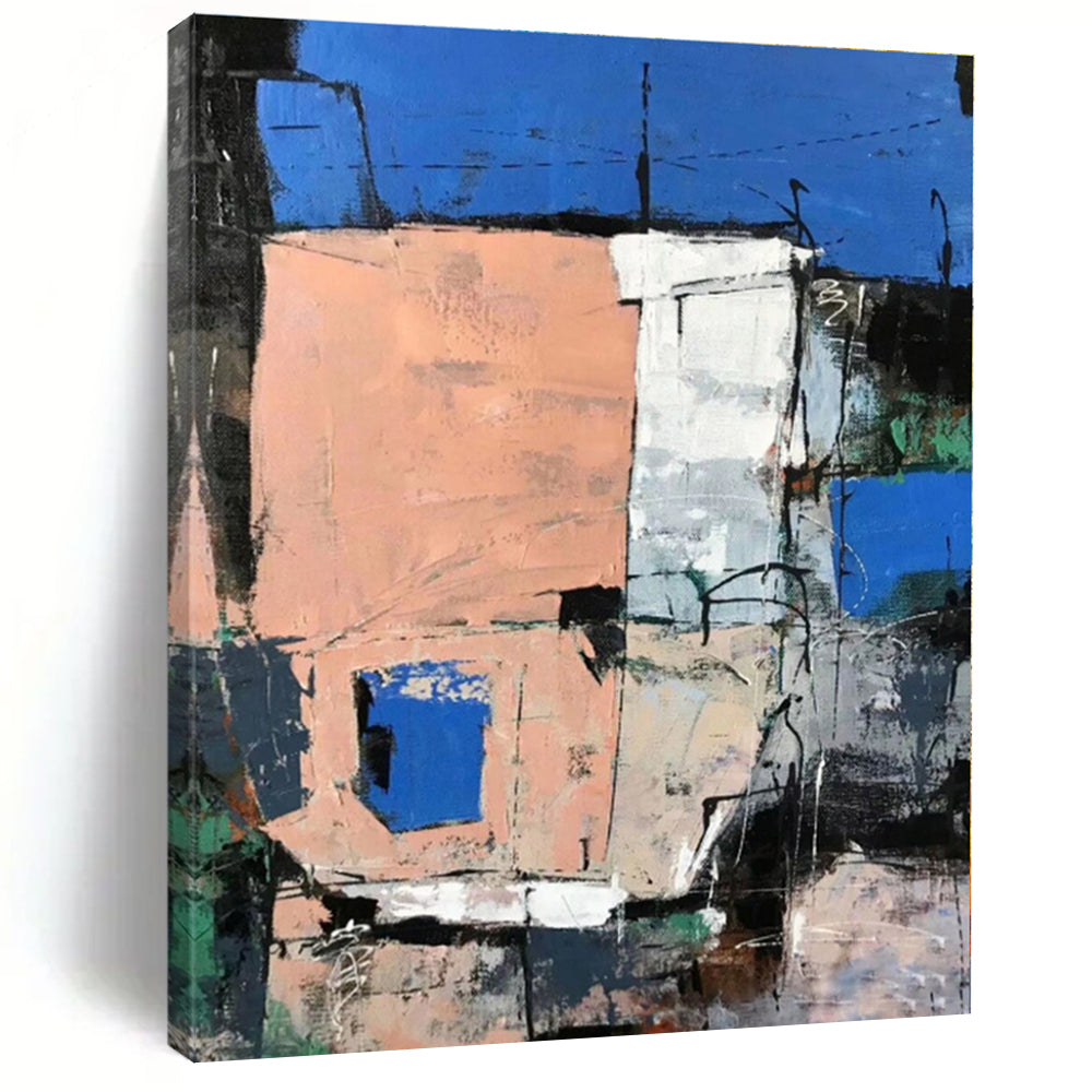 “Blue - Peach Urban Geometry” - Blue, Peach, Gray Abstract Painting On Canvas PS0468