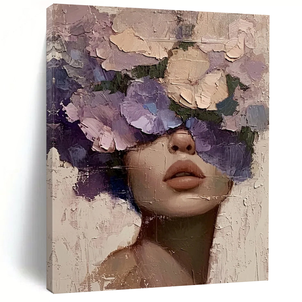 “Purple, Pink, and Beige Floral Face” - Romantic Figurative Painting On Canvas DS329