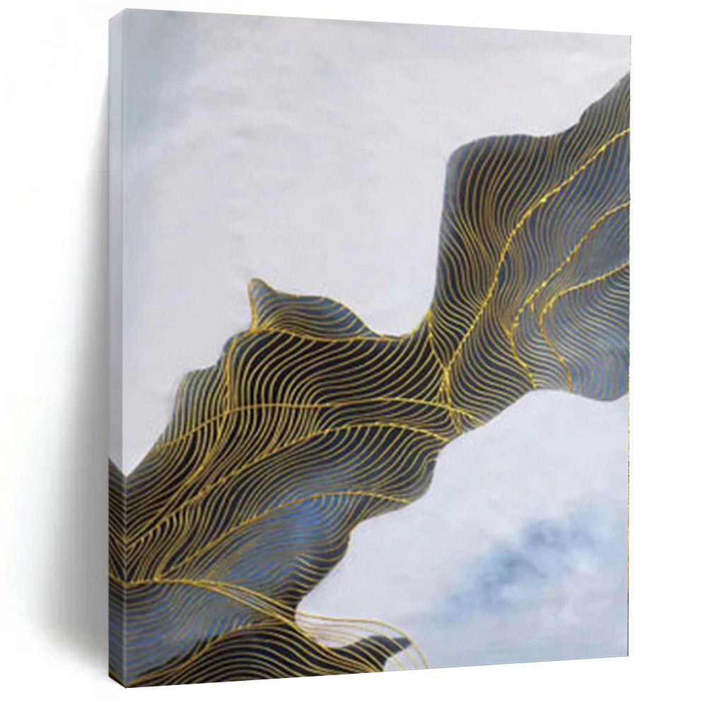 “Blue - Gold Abstract Flowing Waves” - Opulent Abstract Painting On Canvas PS0357