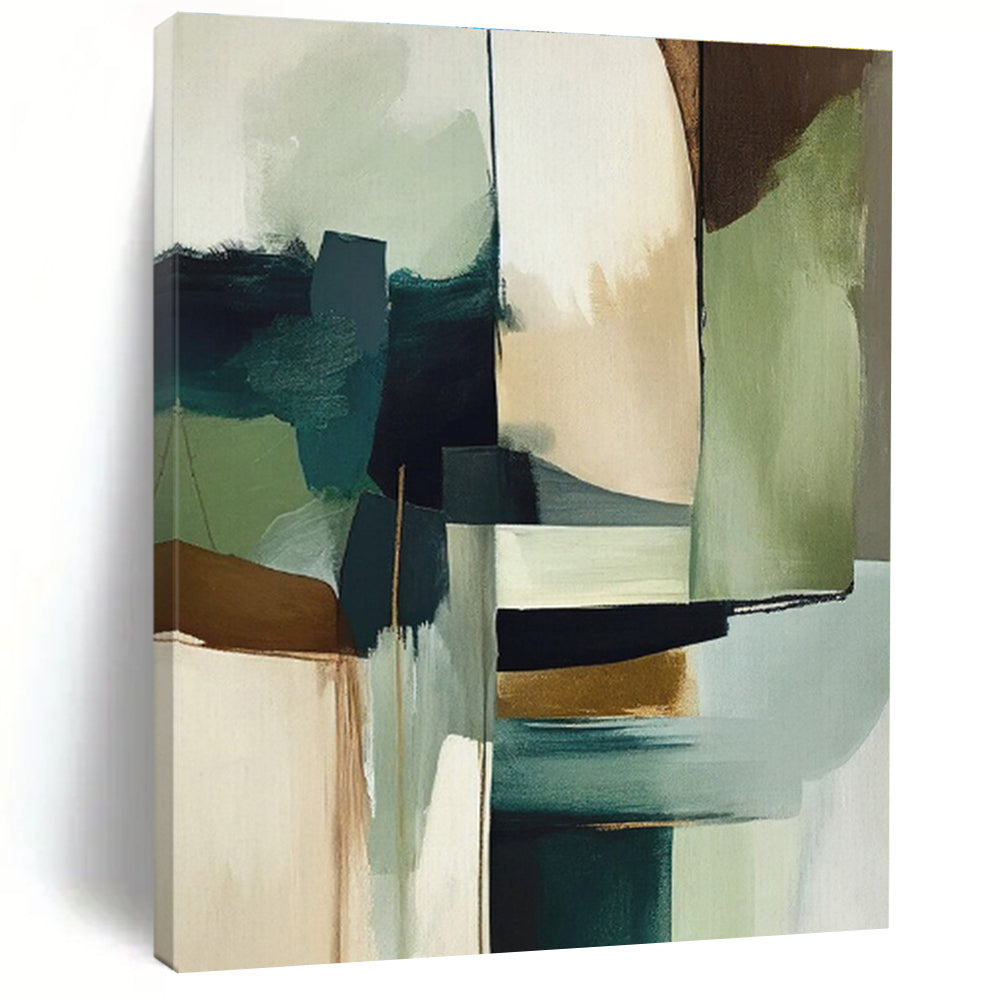 “Teal & Gold Abstract Geometry” - Teal, Gold, Green, White Abstract Geometric Painting On Canvas PS0757