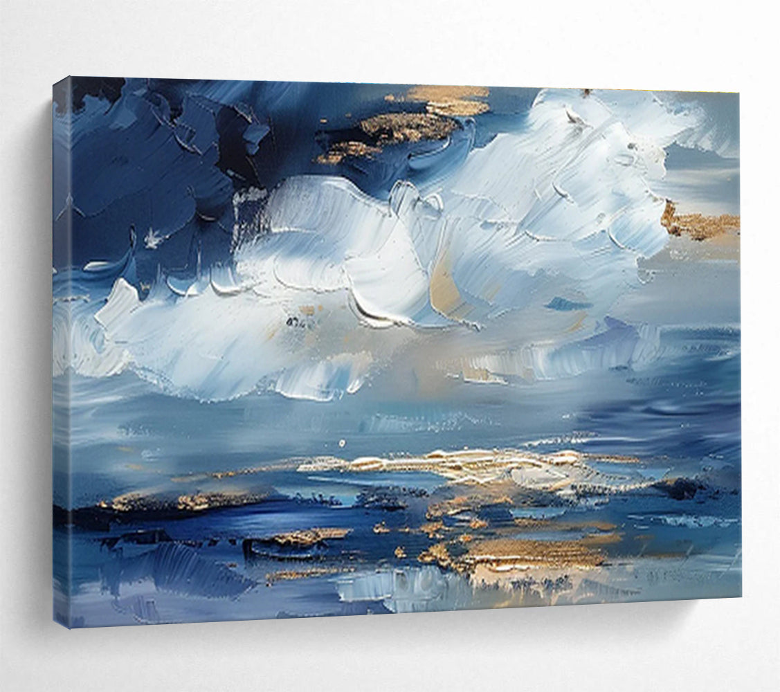 “Azure Sky & Gold Reflections” - Blue, White & Gold Abstract Landscape, Textured Sky Oil Painting On Canvas DKS684