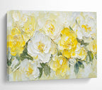 “Sunny Yellow & White Blooms” - Bright Floral, Impasto Flower Bouquet Painting On Canvas DKS696