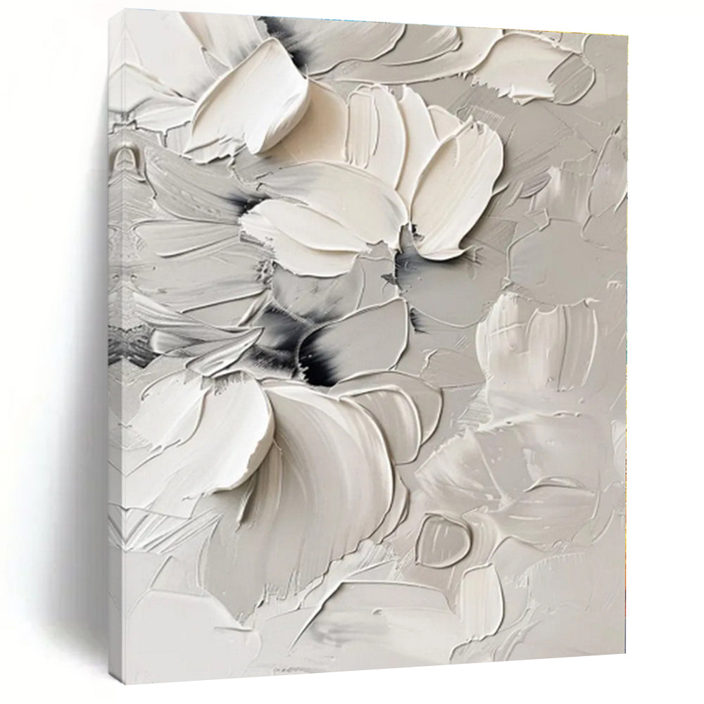 “White - Gray Textured Florals” - White, Gray Abstract Painting On Canvas PS0525