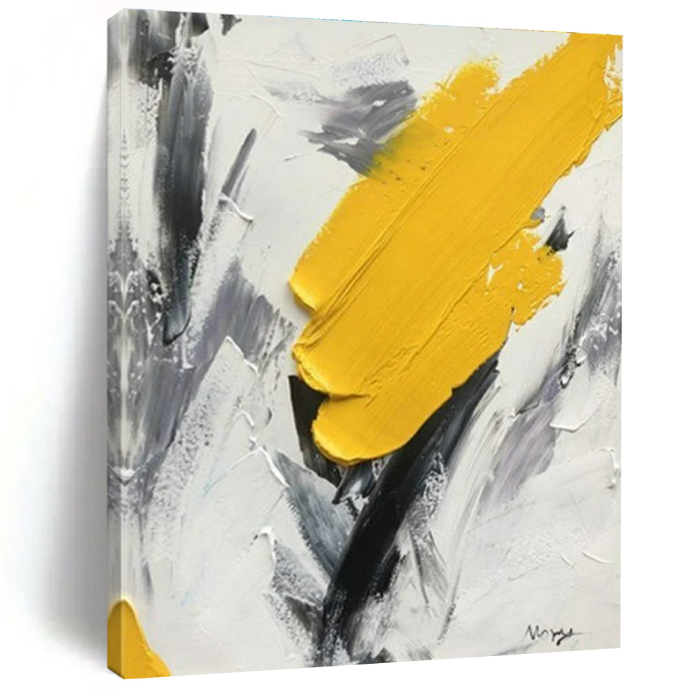 “Bold Yellow Stroke” - Yellow, Gray, White Abstract Impasto Painting On Canvas PS0616