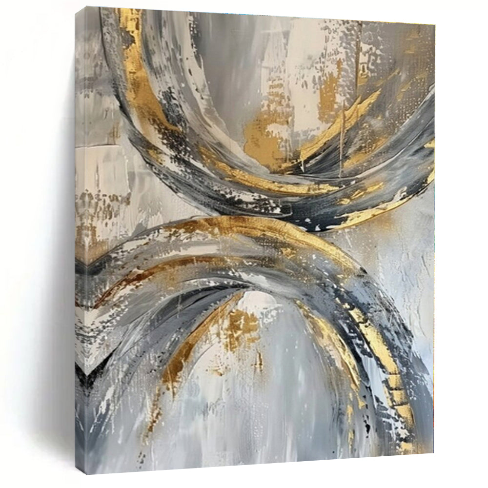 Gray, Gold, White with Circular Textures "Gilded Orbits" Abstract Painting On Canvas PS1266