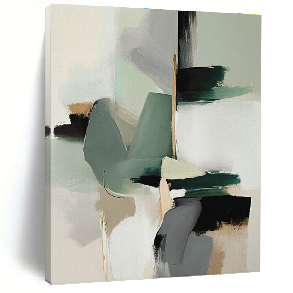 “Soft - Toned Geometric Fusion” - Light Green, Gray, Beige Geometric Abstract Painting On Canvas PS0746