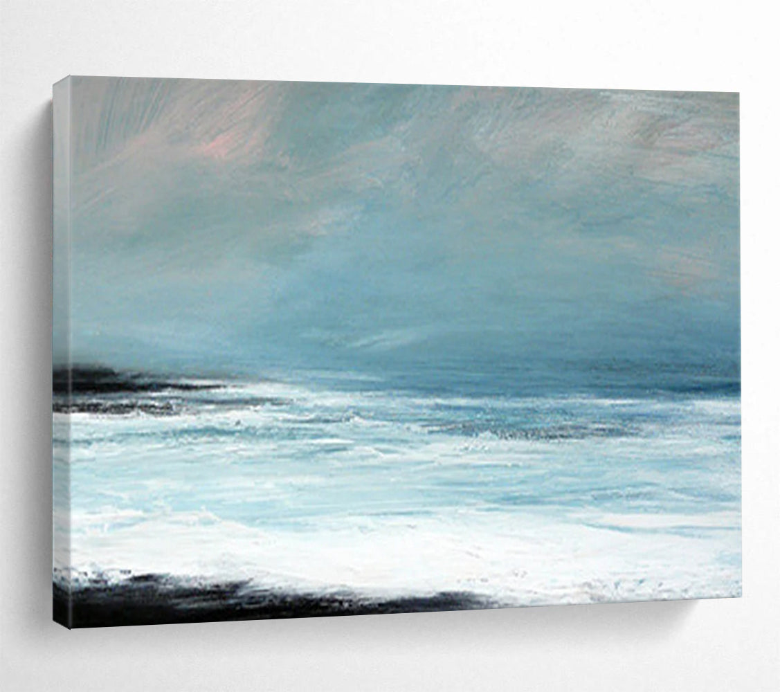 “Minimalist Coastal Landscape in Blues and Blacks” - Serene Seaside Oil Painting On Canvas PT032