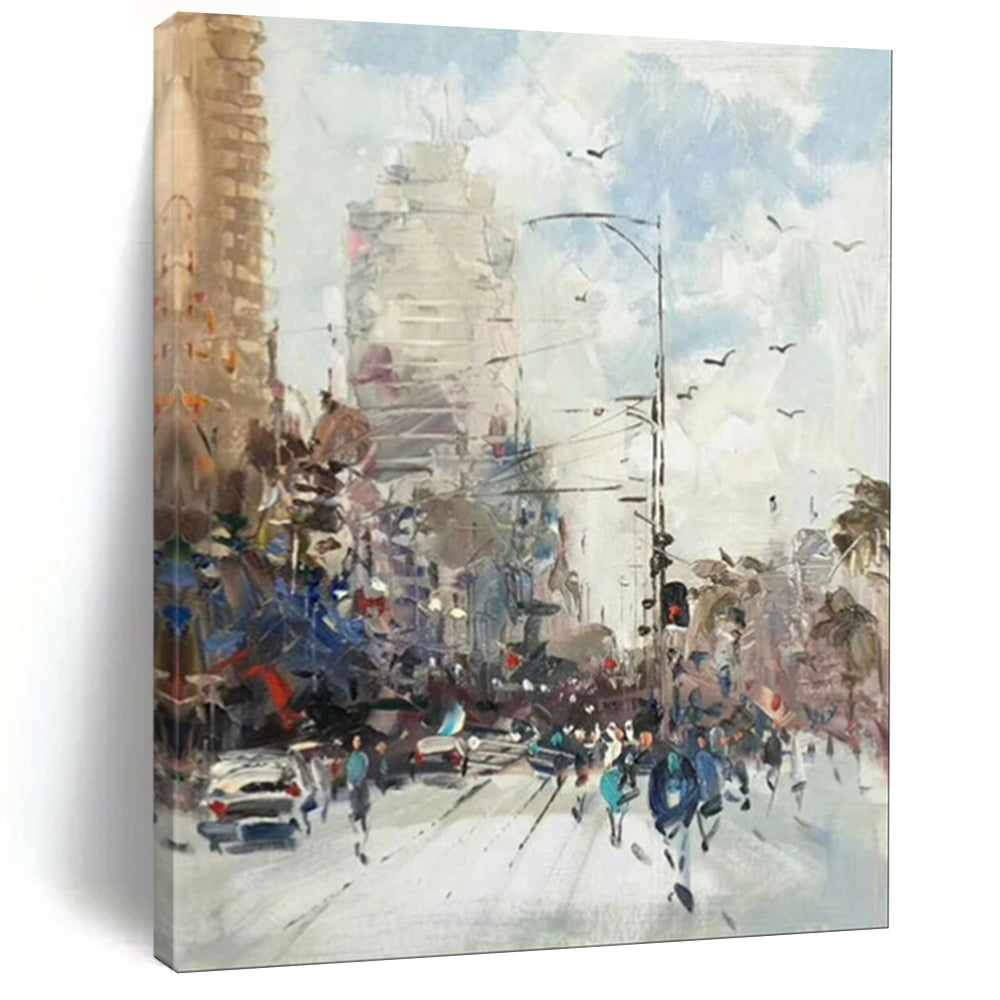 “Impasto Urban Street Scene” - Impasto Cityscape Painting On Canvas PT1900