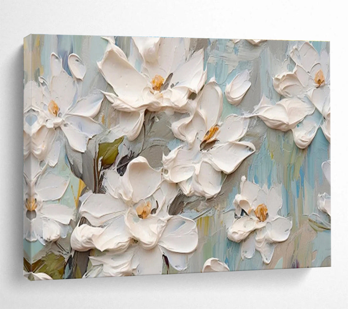 “Blossoming Serenity” - White, Green & Blue Floral, 3D - Textured Flower Acrylic Painting On Canvas DKS686