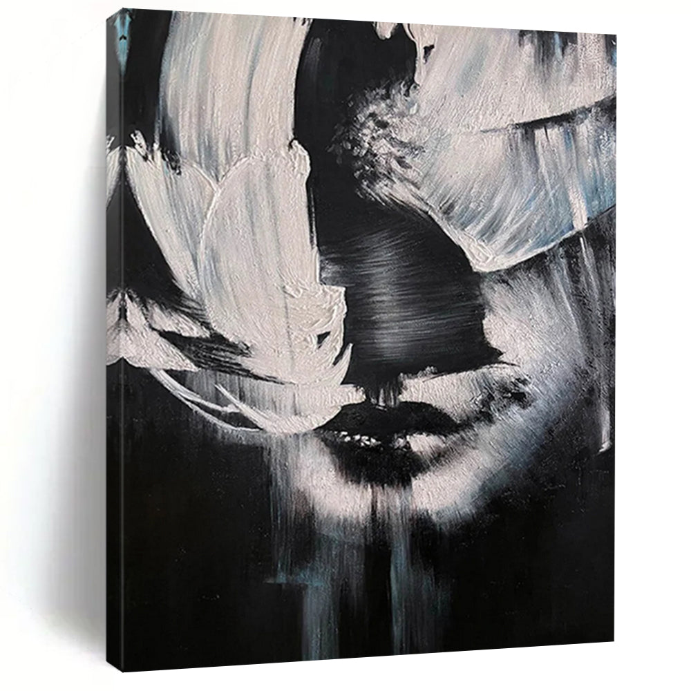“Monochrome Abstract Face” - Black and White Figurative Painting On Canvas DS331