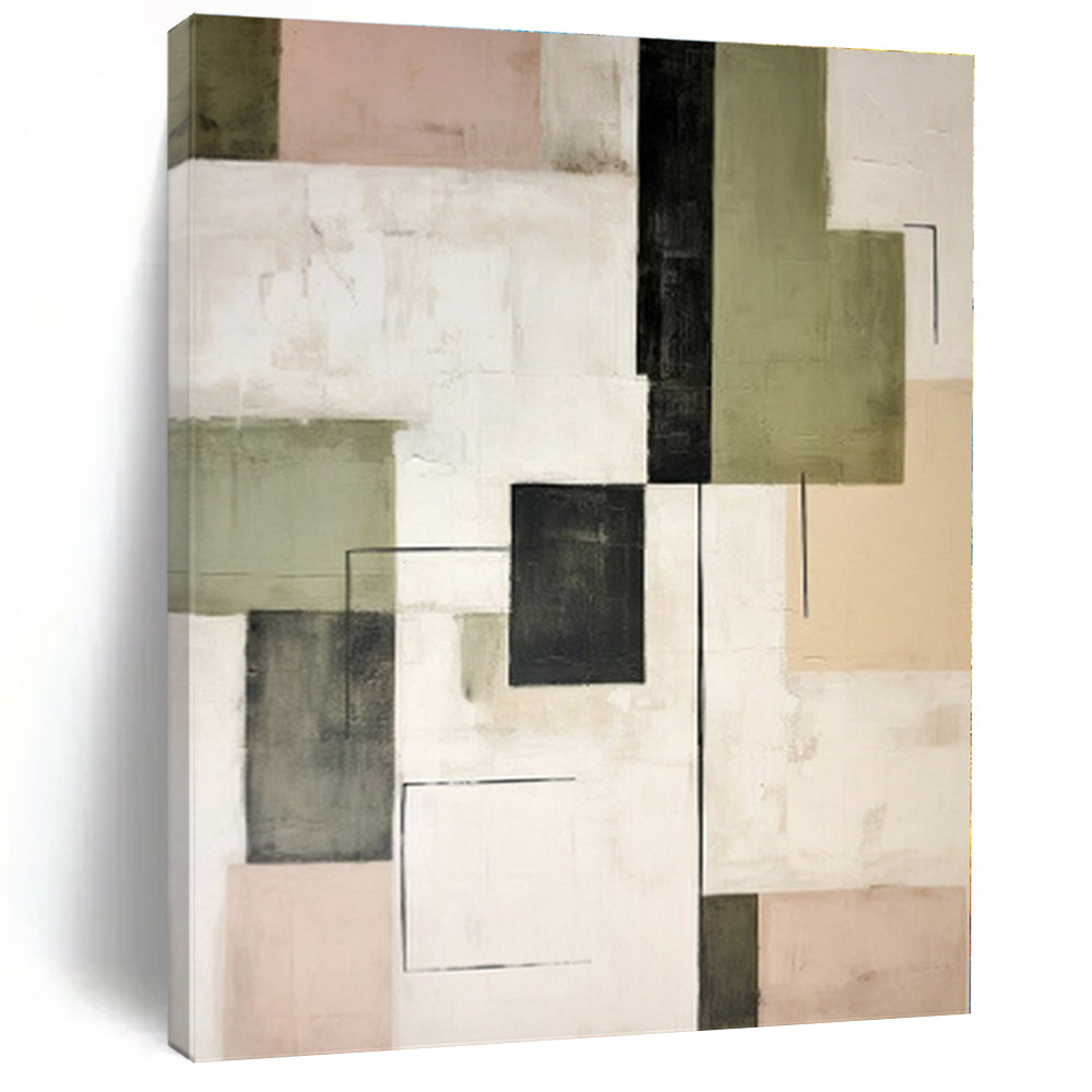 “Geometric Contrasts” - Green, Black, Pink Abstract Geometric Painting On Canvas PS0397