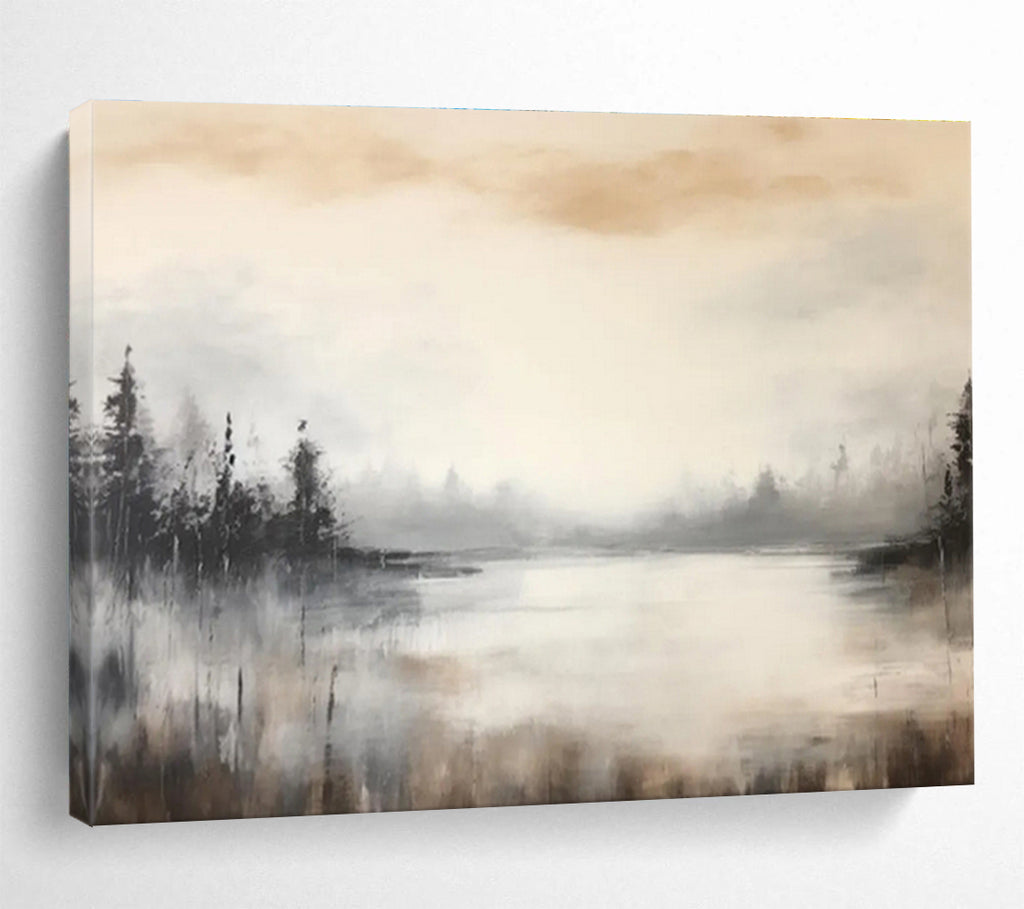 Misty Lake and Forest in Neutrals - Tonalist Landscape Painting On Canvas DKS329