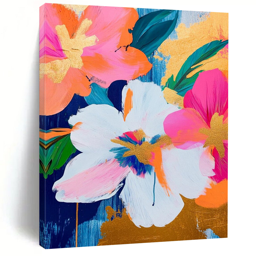 “Pink, Orange & Gold Floral” - Bold Floral Abstract Painting On Canvas DS284