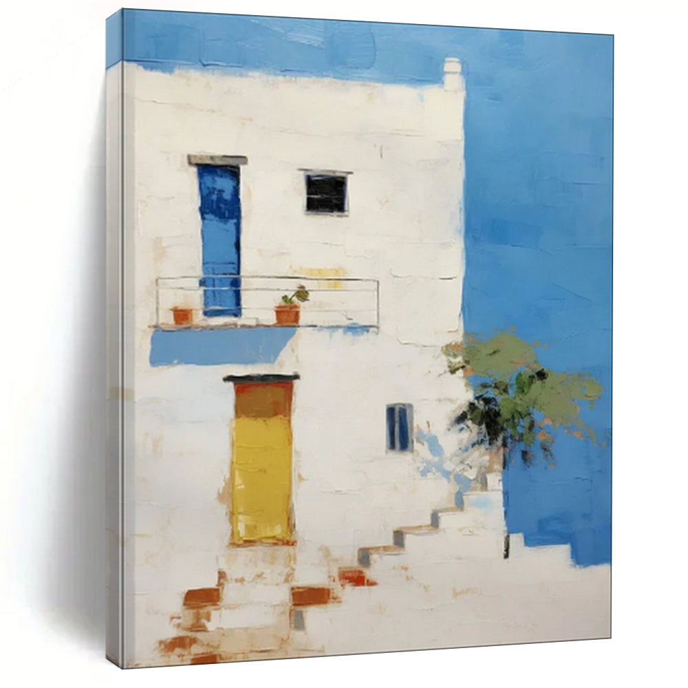“White Building with Blue and Yellow Accents” - Impressionist Architecture Painting On Canvas PT1837