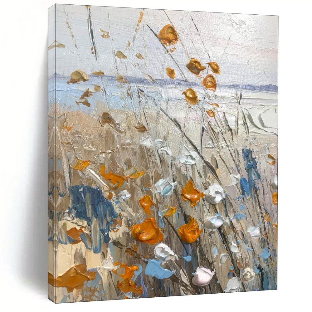“Textured Wildflowers in Orange, Blue, and White” - Impasto Landscape Painting On Canvas PT1839
