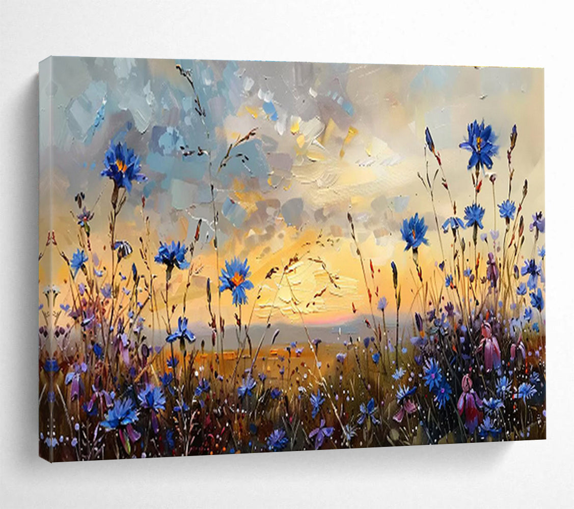 “Blue Wildflower Sunset” - Orange, Blue & Purple Floral, Impressionistic Field Painting On Canvas DKS698