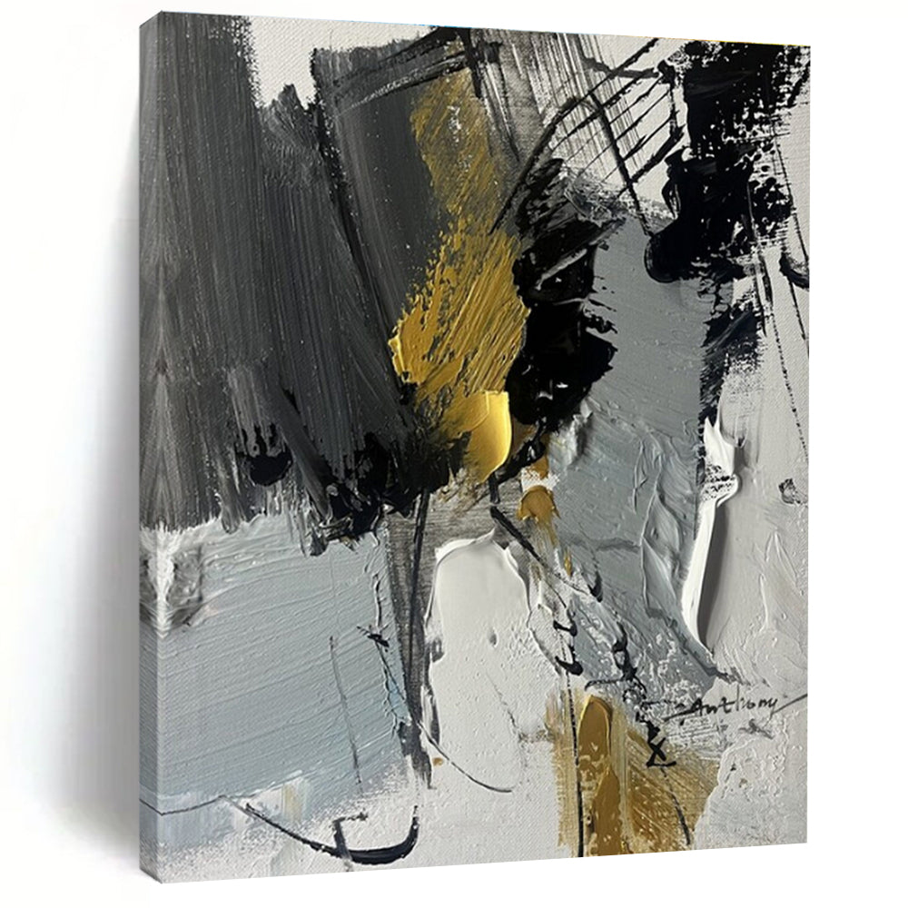 Charcoal, Gray, Gold, White Opulent Chaos “Gilded Storm” - Painting On Canvas PS0792
