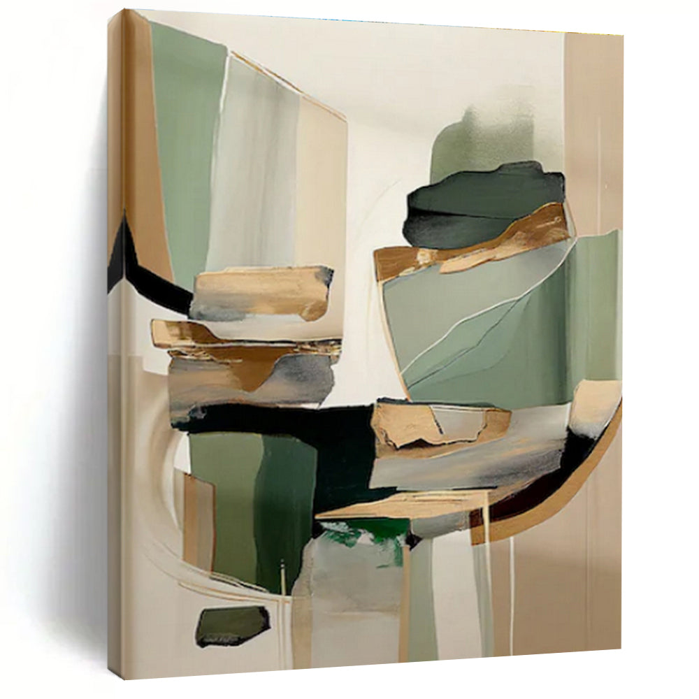 “Green - Gold Abstract Fusion” - Green, Gold, Beige Abstract Geometric Painting On Canvas PS0764