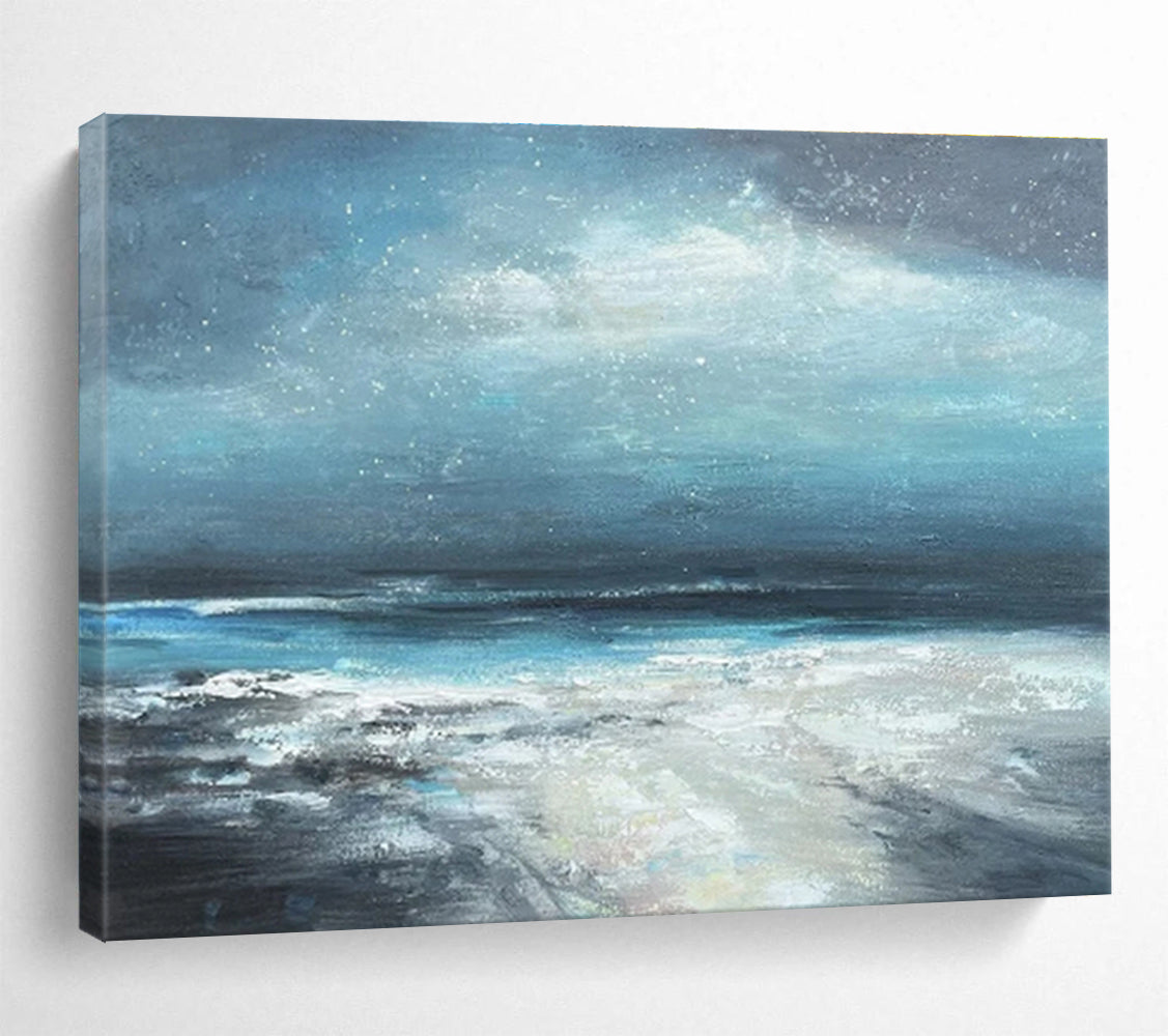 Blue - Grey Night Sky Over Sparkling Sea Seascape Painting On Canvas DKS111