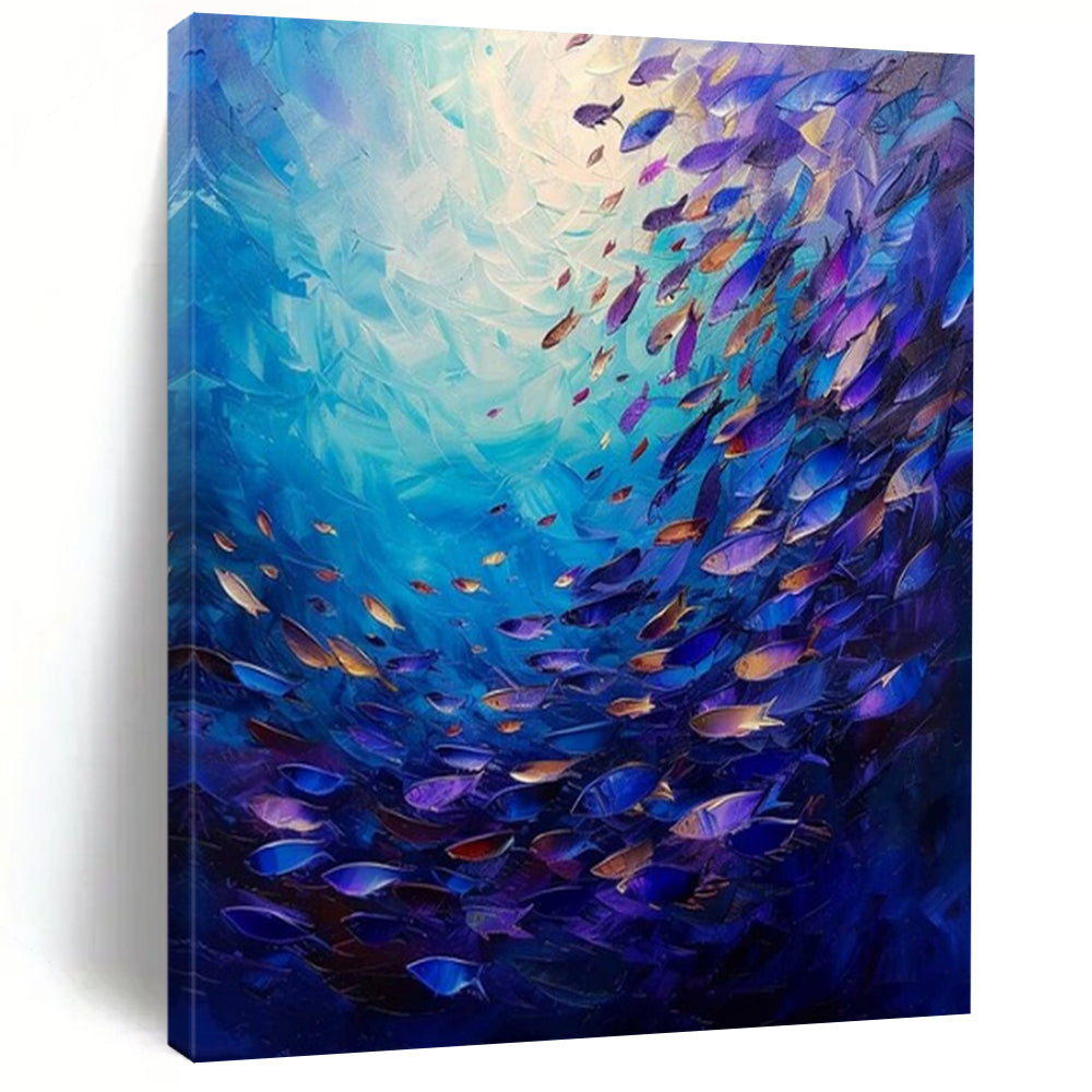 Blue - Hued Underwater Scene with Colorful Fish "Oceanic Symphony" Oil Painting On Canvas PS1064