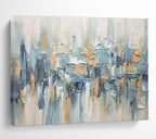 “Urban Rhythms” - Blue, Gray & Orange Abstract Cityscape, Textured City Oil Painting On Canvas DKS685