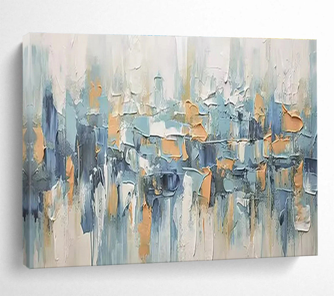 “Urban Rhythms” - Blue, Gray & Orange Abstract Cityscape, Textured City Oil Painting On Canvas DKS685