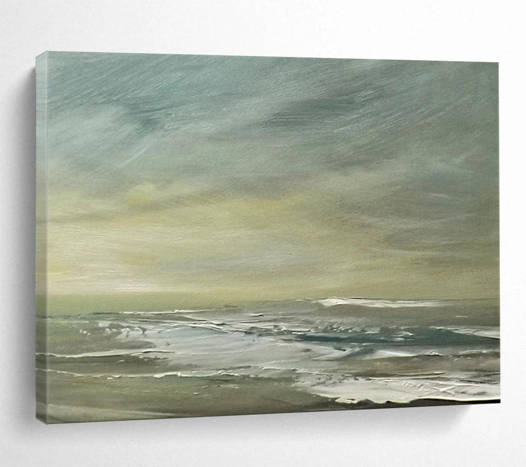 “Muted Coastal Landscape in Greens and Grays” - Subtle Seascape Oil Painting On Canvas PT027