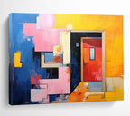 Geometric Doorway: Blue, Pink & Yellow Abstract Cubist Architecture Painting for Contemporary Office & Art - Lovers’ Café DKS642