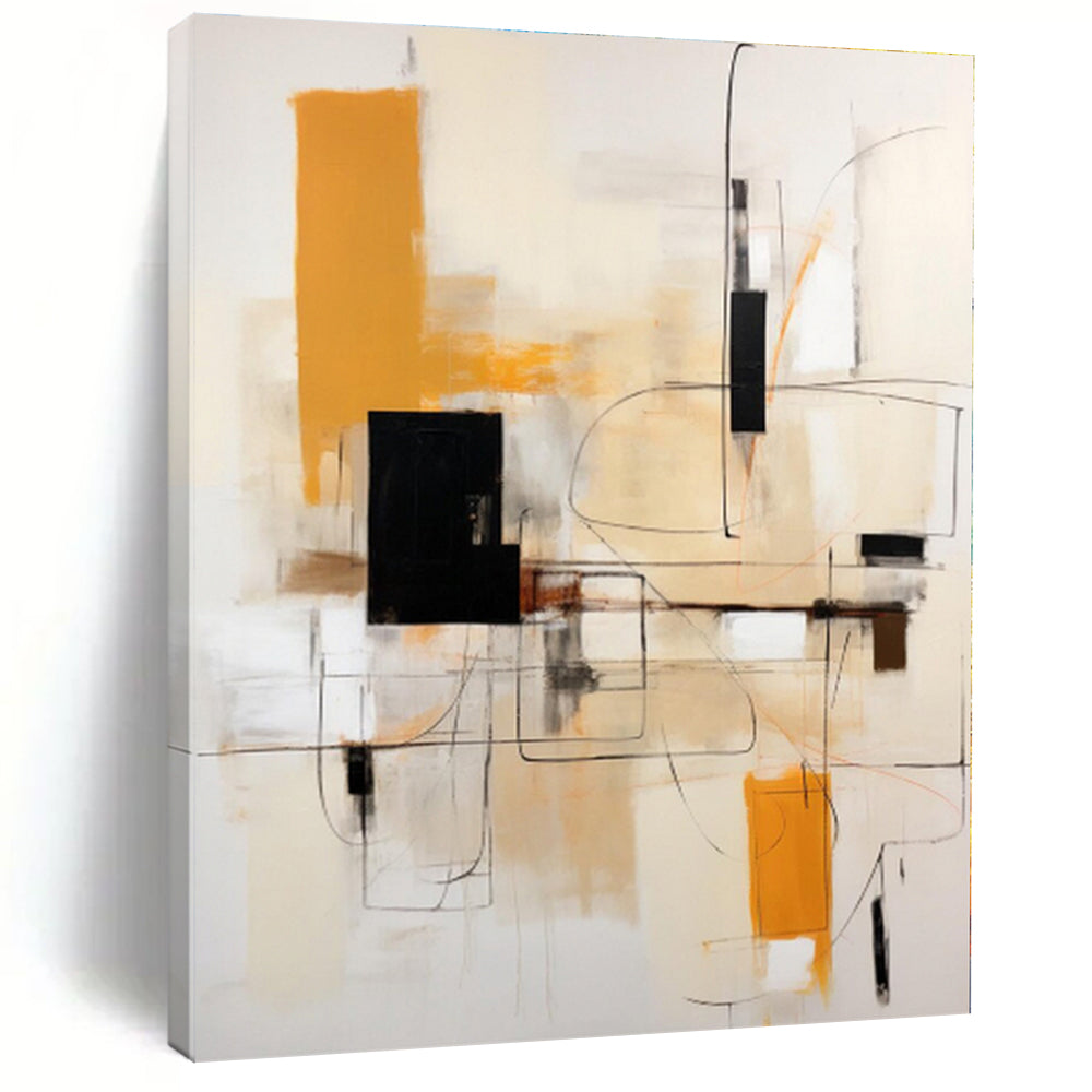 “Black, Orange & Beige Abstract Lines” - Abstract Geometric Painting On Canvas PS0404
