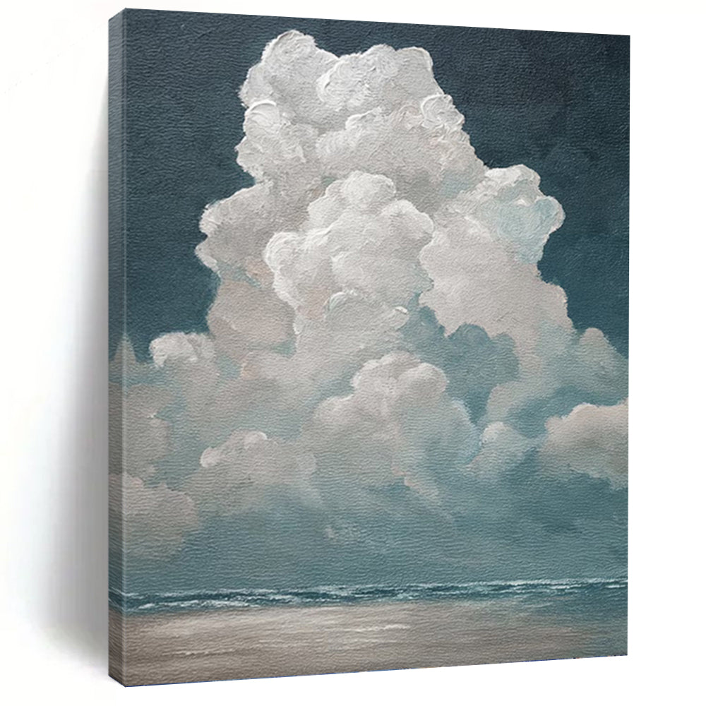 “Cotton Clouds Over Sea” - White, Teal, Sky & Ocean Painting On Canvas PT1459