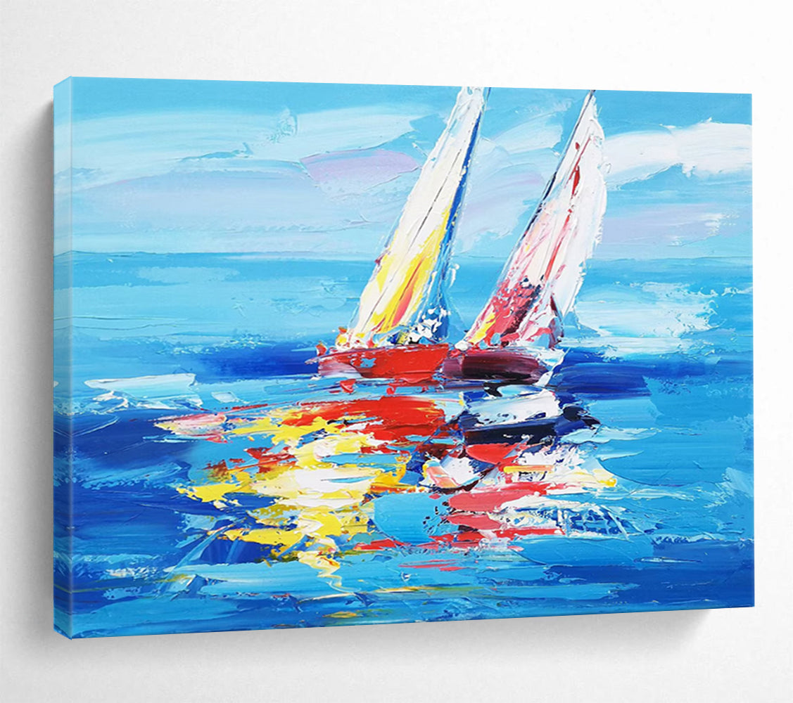 “Blue - Colorful Sailboats” - Expressionist Nautical Painting On Canvas PT266