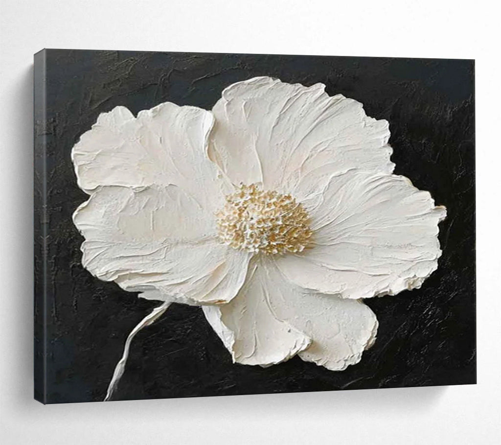 “Textured White Flower on Black” - Impasto Floral Painting On Canvas PT091