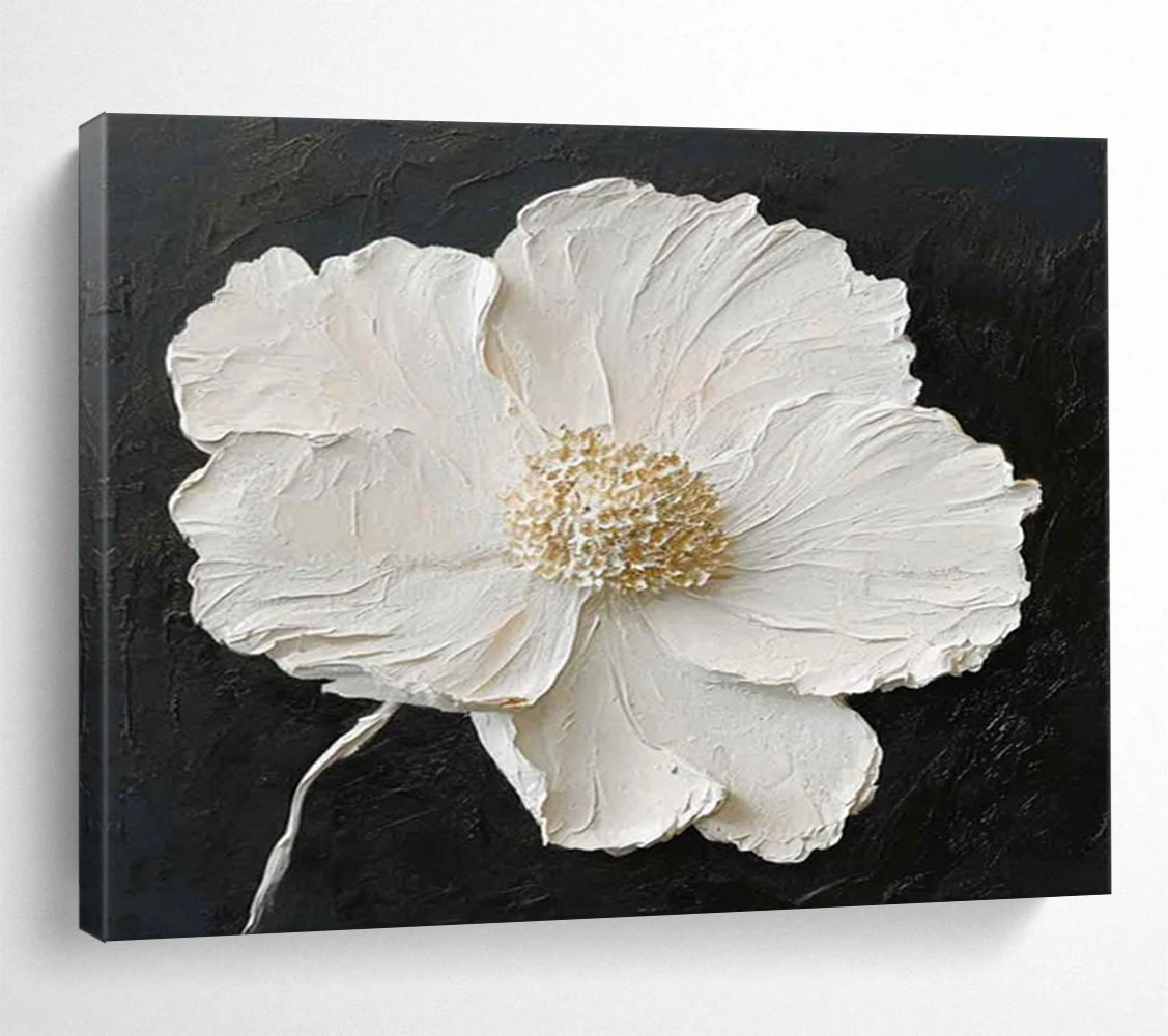“Textured White Flower on Black” - Impasto Floral Painting On Canvas PT091