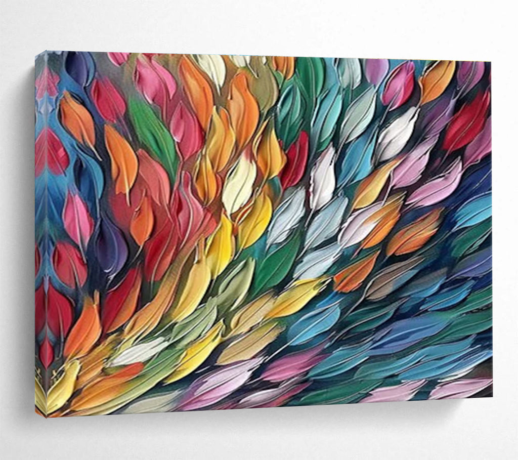 “Colorful Feather Cascade” - Rainbow - Hued Abstract Feathers, Textured Acrylic Painting On Canvas DKS689