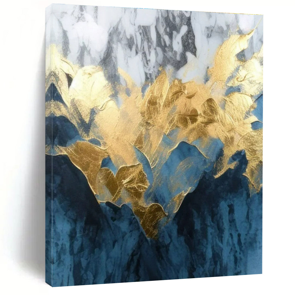 Blue and White with Gold Foil, "Gilded Peaks" – Abstract Mountain - Inspired On Canvas PS0916