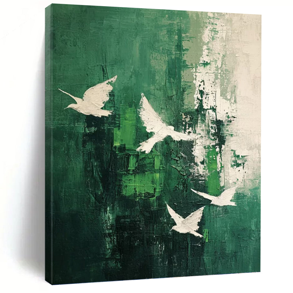 “Green - White Bird Abstract” - Abstract Expressionist Painting On Canvas PT1311