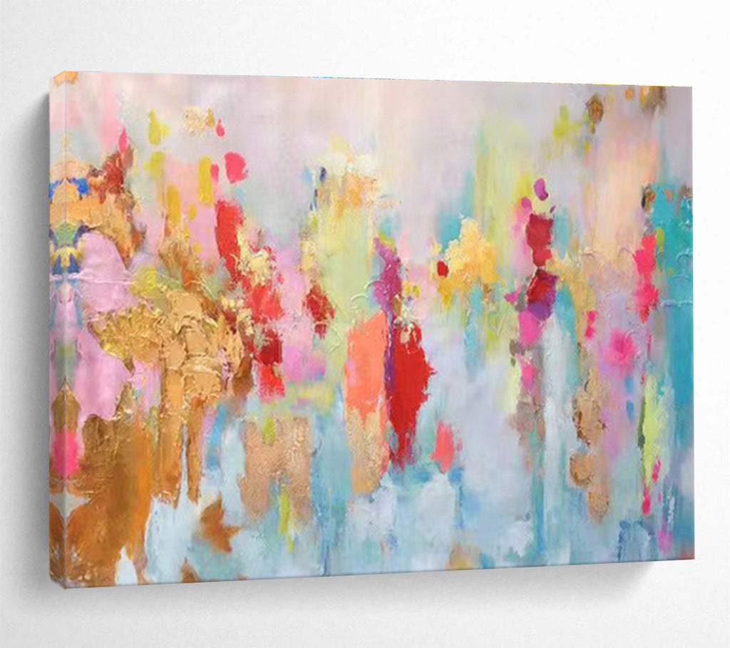 Pastel Dreamscape: Soft Pink, Blue & Gold Abstract Expressionist Painting for Bohemian Bedroom & Yoga Studio DKS643