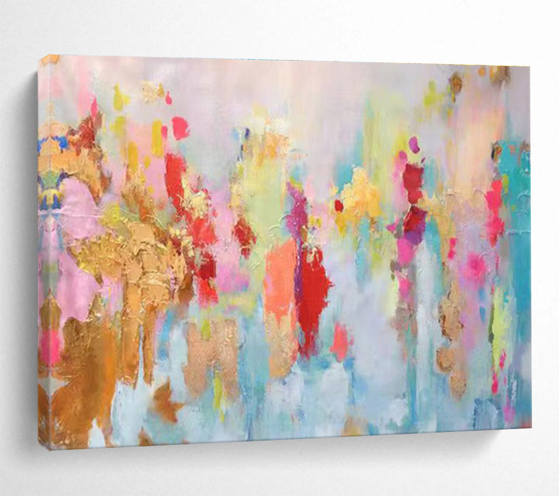Pastel Dreamscape: Soft Pink, Blue & Gold Abstract Expressionist Painting for Bohemian Bedroom & Yoga Studio DKS643