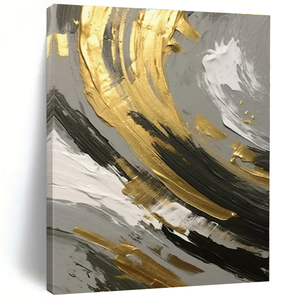 Gold, Black, and White Swirl Detail - Close - Up Textured Abstract Painting On Canvas PS1252