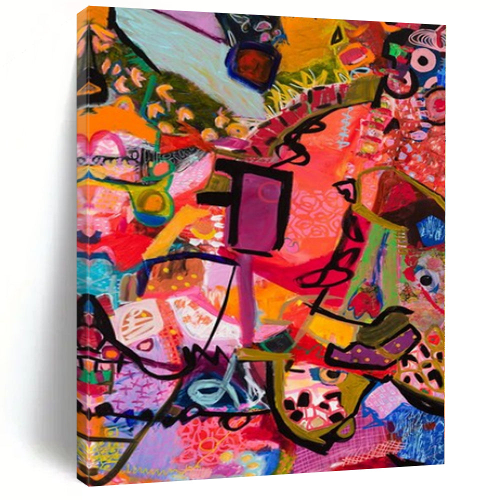 Pink, Purple, Orange, Green and Blue with Dynamic Forms "Fiesta Fusion" Abstract Painting On Canvas PS1170