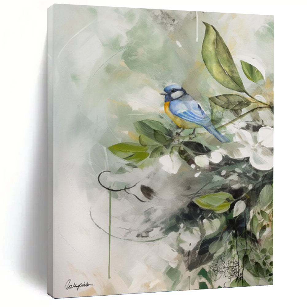 “Bird in Floral Watercolor” - Whimsical Nature Watercolor Painting On Canvas PT1085